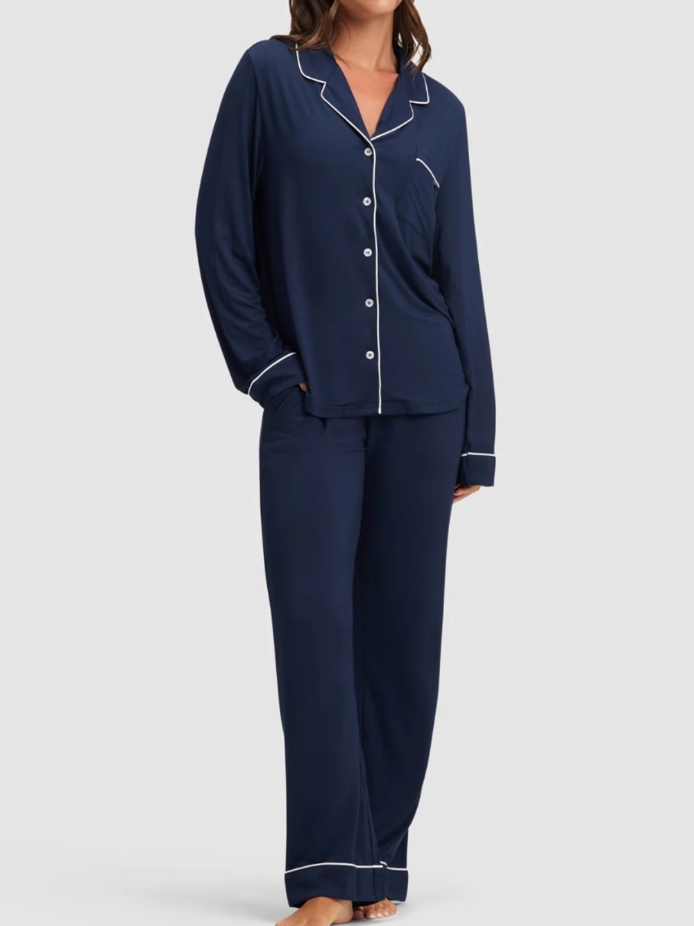 Cozy Earth Bamboo Stretch Knit Long Sleeve Pants Set Navy Blue Small